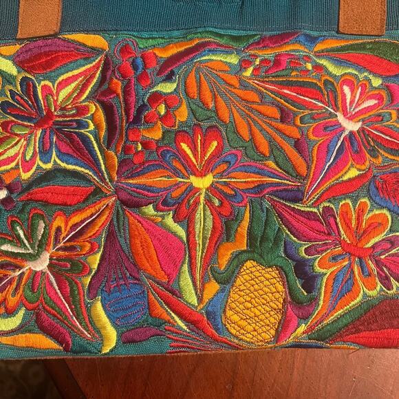 Corduroy and Suede purse shoulder bag embroidered floral pattern teal and tan - Picture 2 of 6